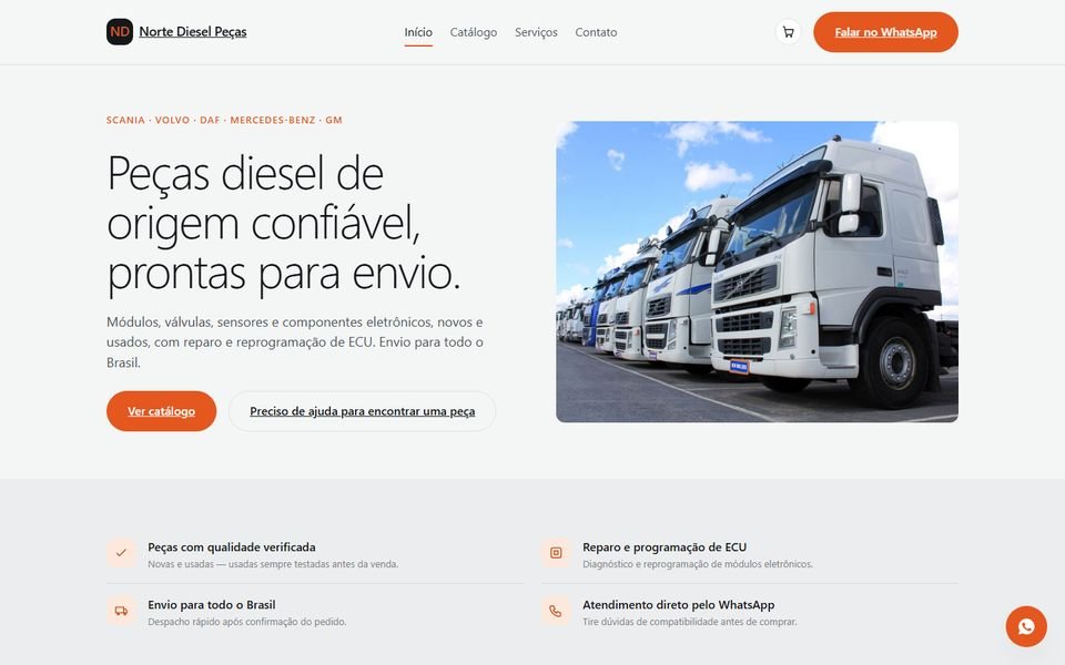 Página inicial do site-modelo Norte Diesel Peças